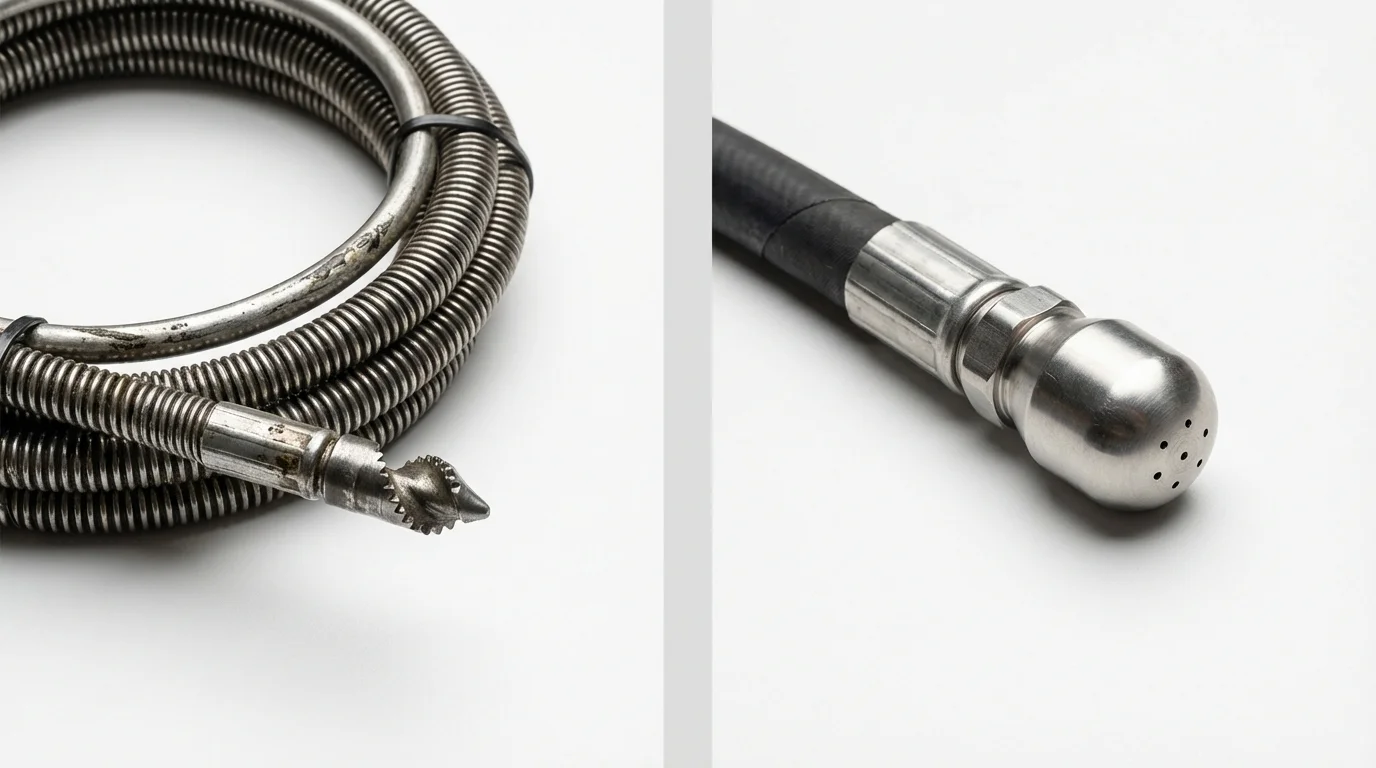Drain snake cable and hydro jetting nozzle used for drain cleaning in Portland, OR