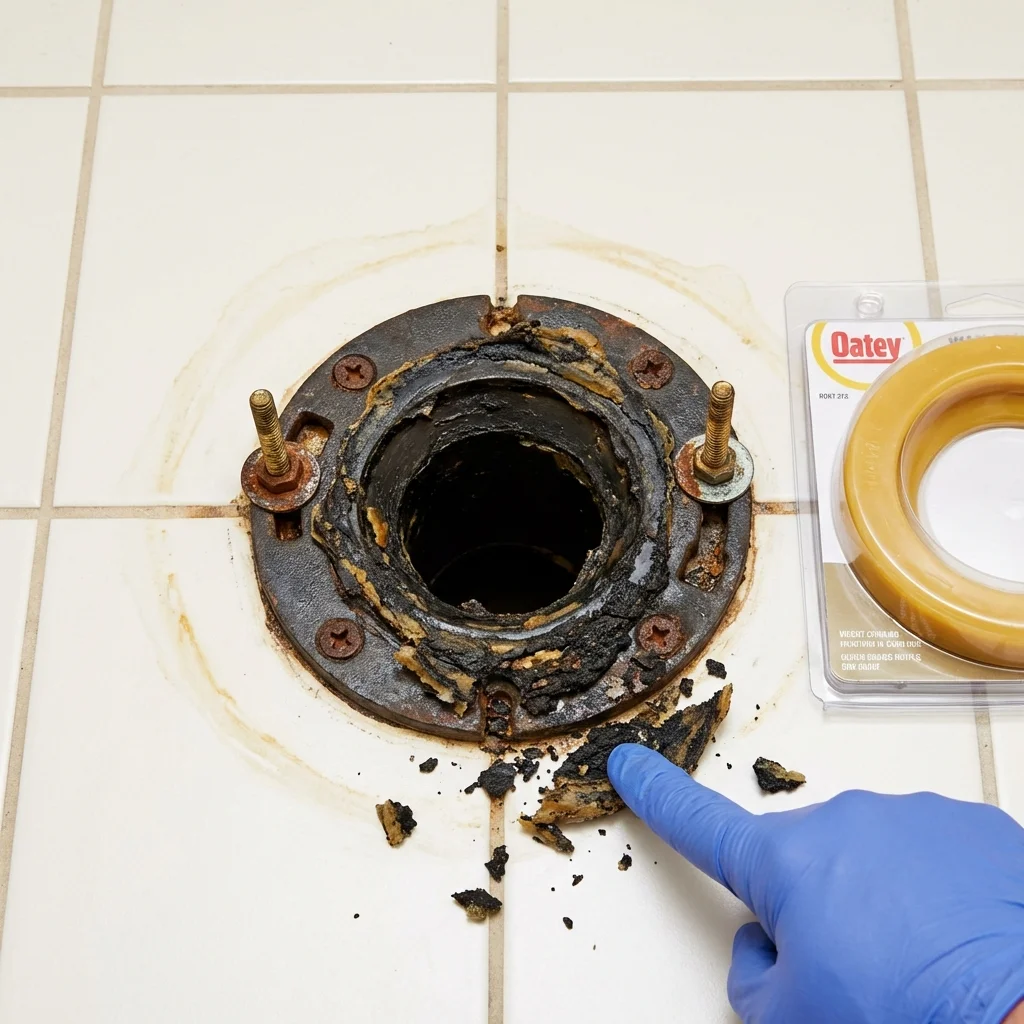 Failed wax ring showing water seepage at the base of a toilet in a Portland, OR home
