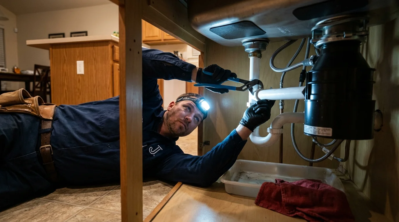 P-trap and supply line connections under a kitchen sink showing a common leak point in Portland, OR